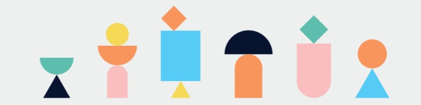 A series of different shapes arranged to depict six people, each in a different style
