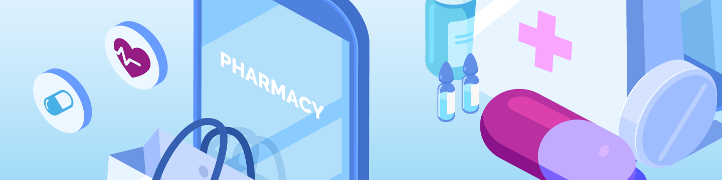 Images of a phone with pharmacy on the screen and some pills and medication bottles and bag.