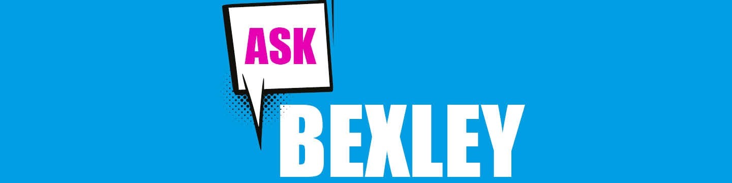 Ask Bexley logo, with "ASK" in speech bubble, on top of a blue background.