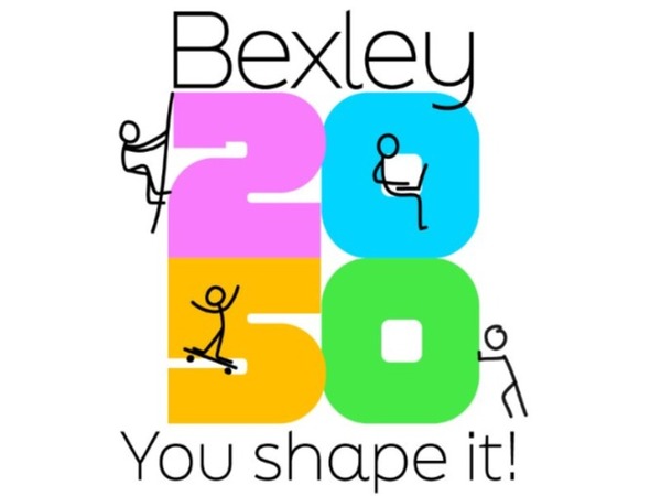 Bexley 2050 logo, showing numbers with stick figures interacting with each one